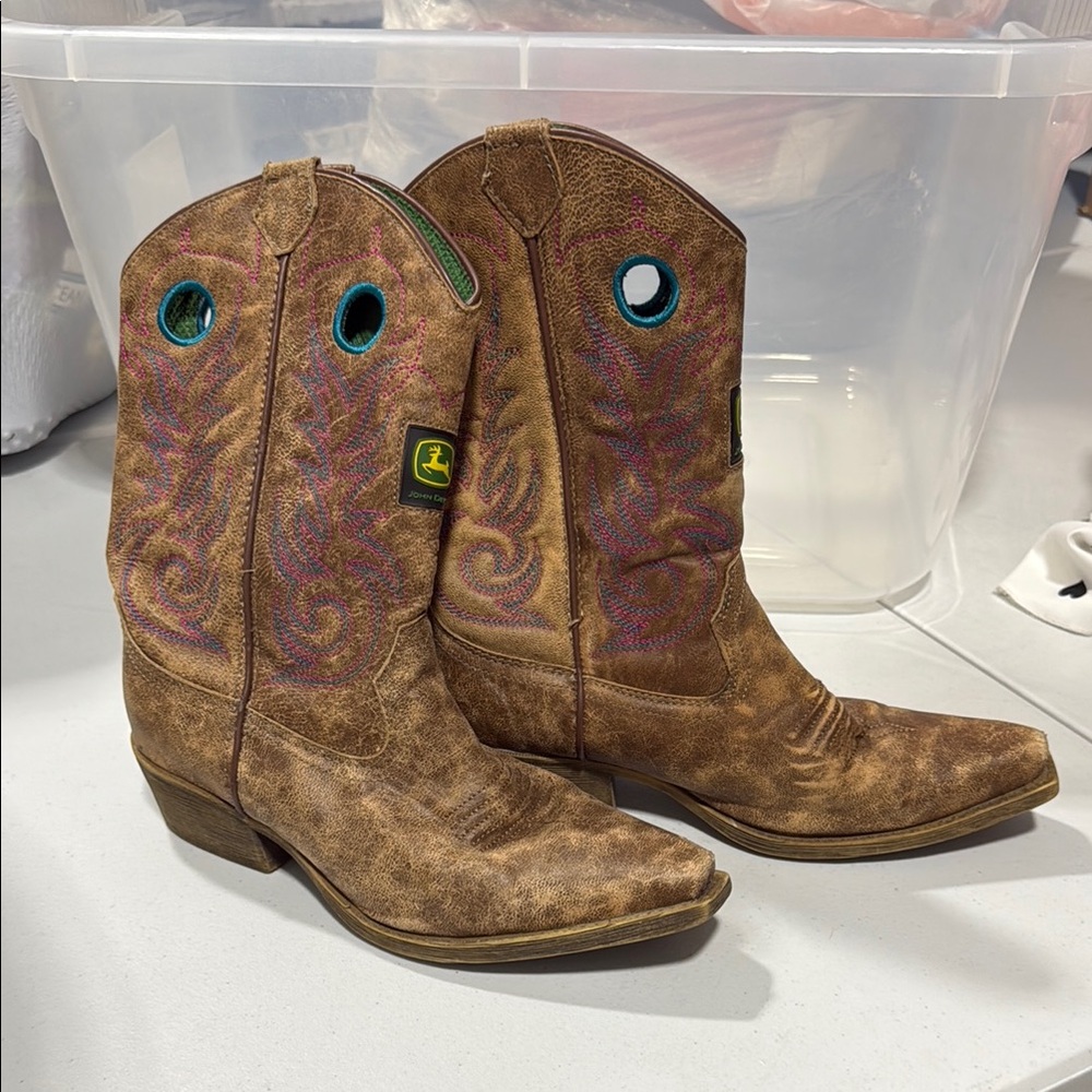 John Deere Brown Cowboy Boots with Pink and Blue Stitch Accents